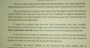 Breaking: Bauchi governor Bala Mohammed goes into self isolation