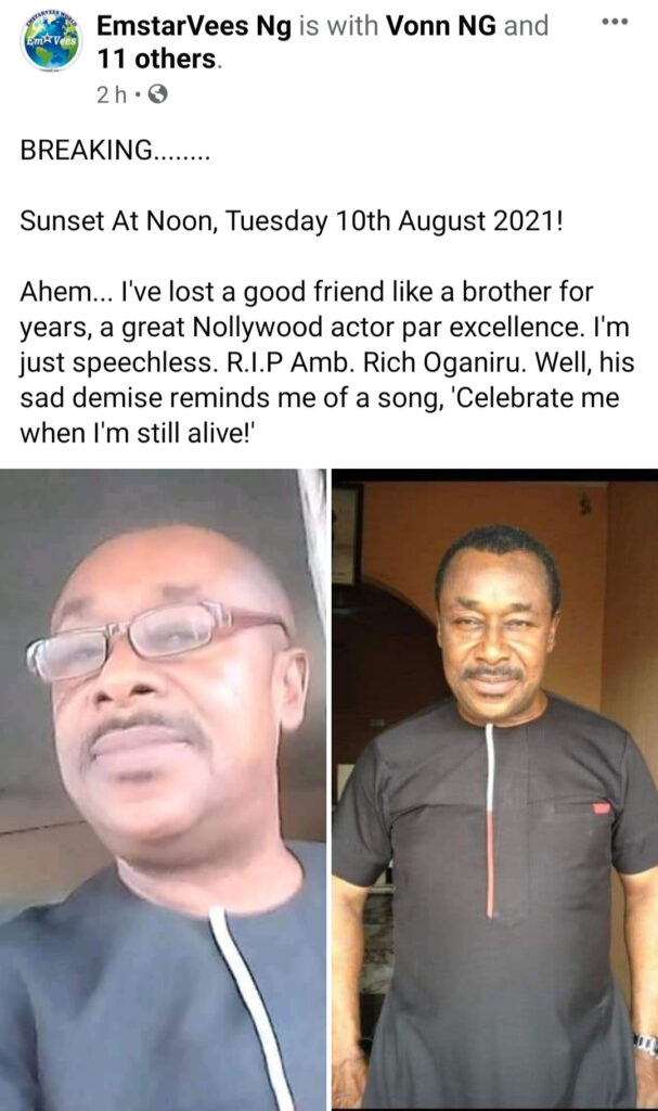 Nollywood actor, Rich Oganiru is dead | DAILY BLAST