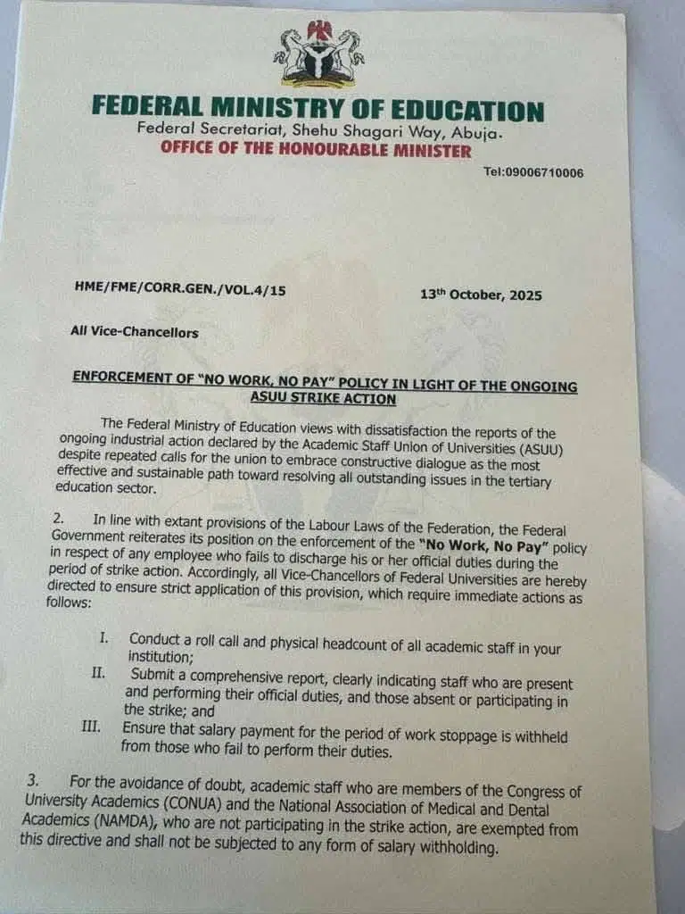 FG orders VCs to enforce ‘no work, no pay’ policy against striking lecturers participating in strike