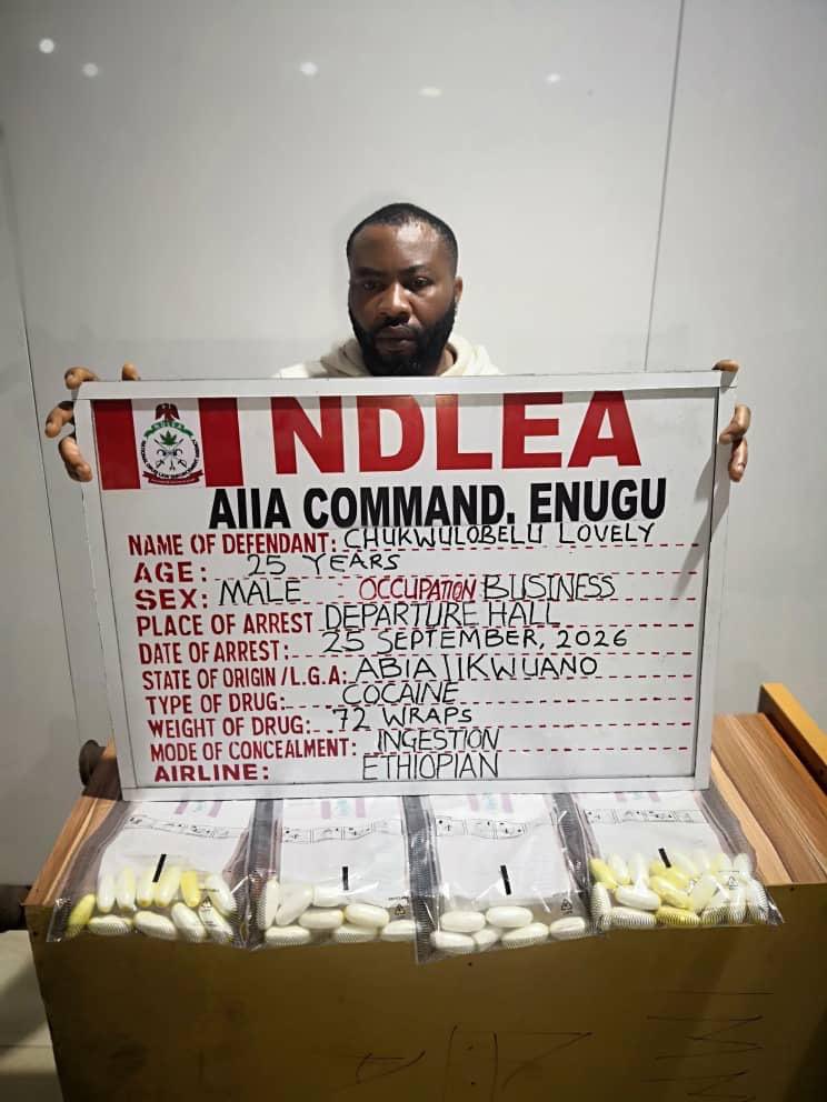 Newlywedded man, Chukwulobelu arrested at Enugu Airport after ingesting 72 cocaine wraps
