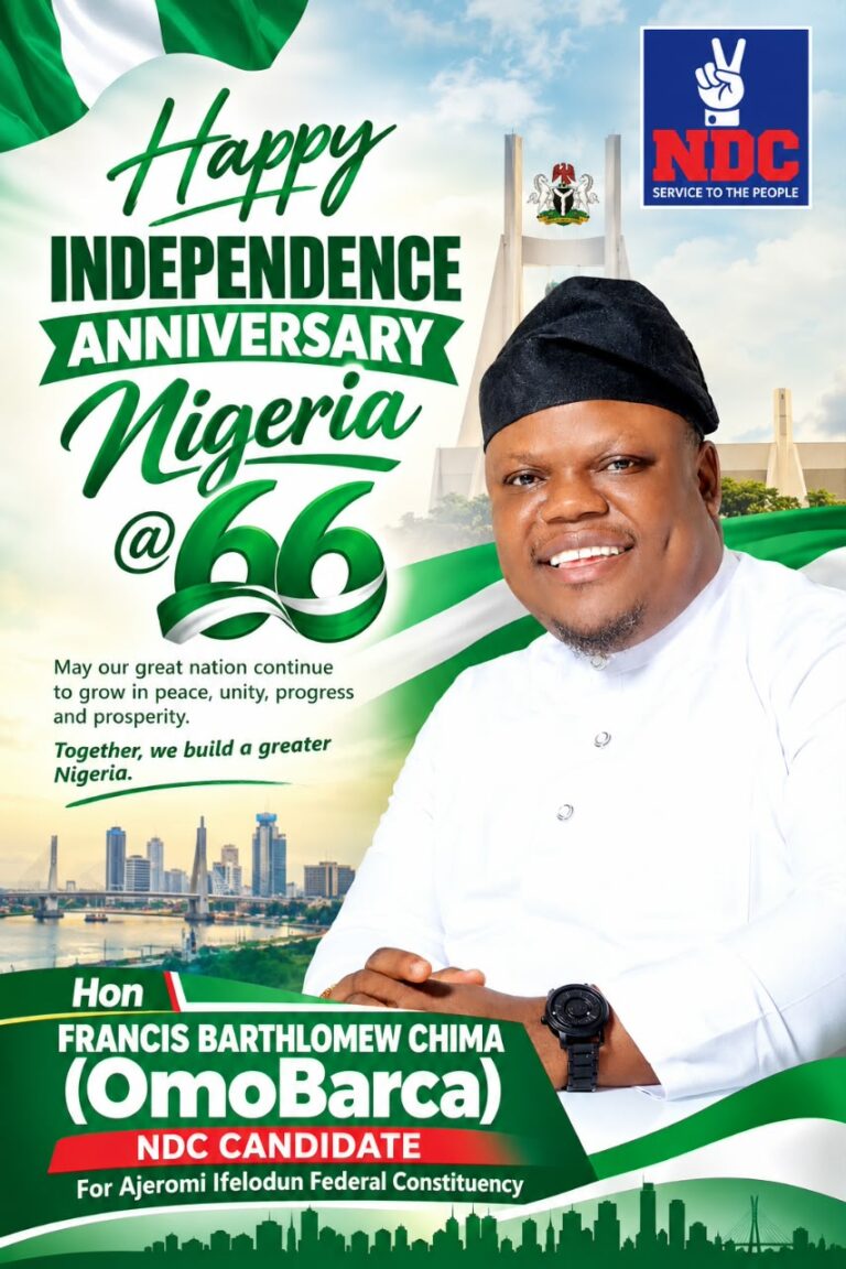 NDC candidate OmoBarca Congratulate Nigerians, Ajeromi-Ifelodun Constituents on Independence Day